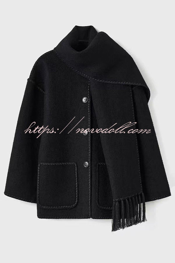 Stylish Loose Pocket Long Sleeve Coat and Warm Fringed Scarf