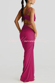 Sexy Halter Back Braided Suspender Top and Beach Holiday Style Hip-wrapped Maxi Skirt Set