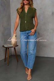 Solid Color Sleeveless Button Pocket Knit Vest