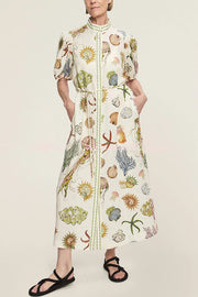 Beach Shell Print Puff Sleeve Tie-Waist Casual Midi Dress