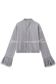 Solid Color Elegant Feather Long Sleeve Casual Knitted Cardigan