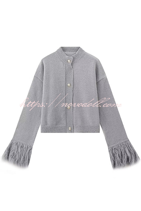 Solid Color Elegant Feather Long Sleeve Casual Knitted Cardigan