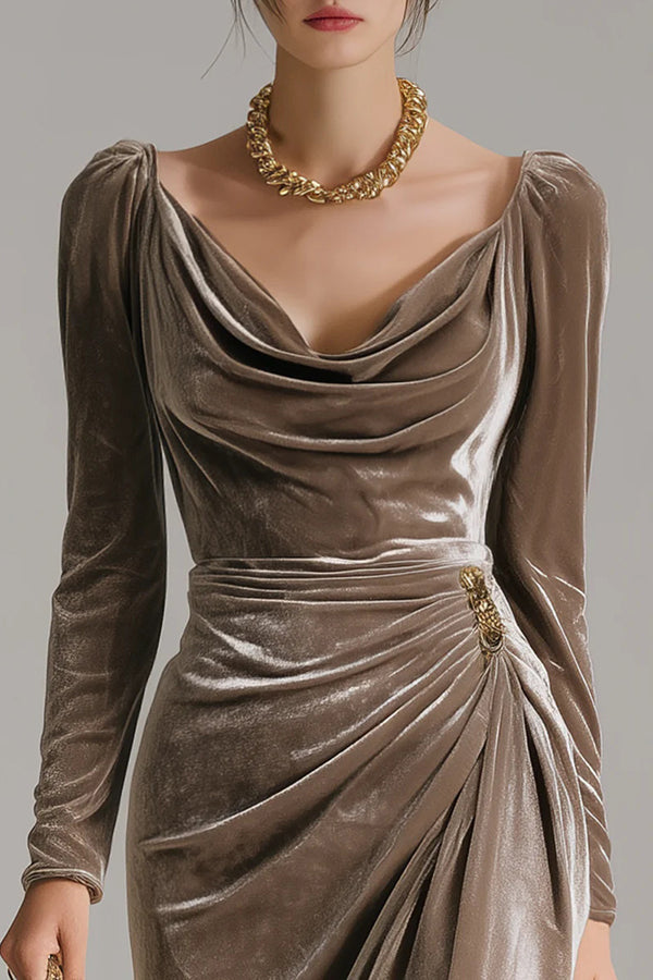 Solid Color Velvet Long-sleeved Slim-fit Pleated Midi Dress