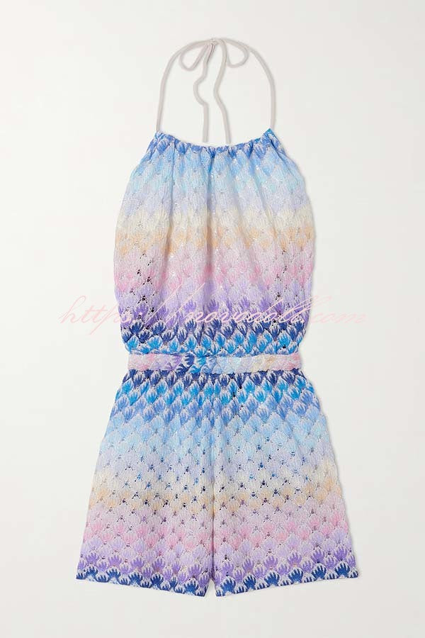 Wave Waves Knit Colorful Zigzag Pattern Halter Neck Backless Loose Romper