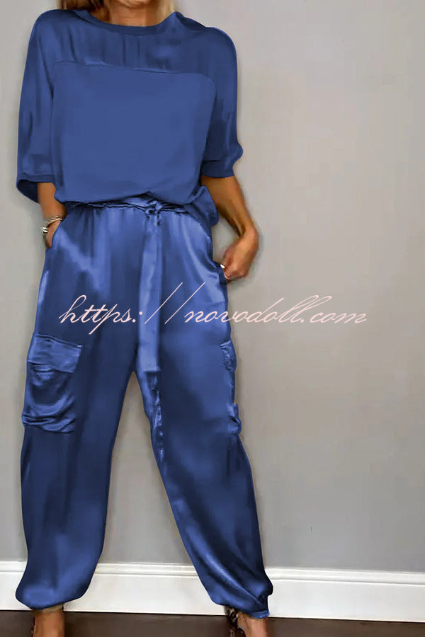 Calissa Smooth Satin Half-sleeved Top and Elastic Waist Pocket Pants Set