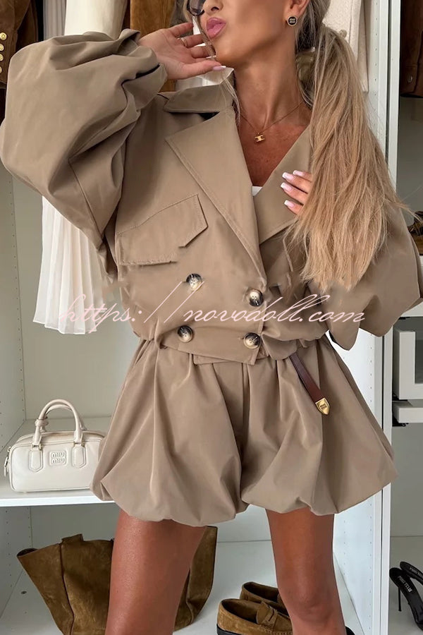 Fashion Style Button Long Balloon Sleeve Pocket Lapel Casual Bomber Jacket