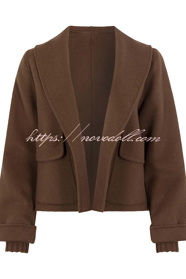 Comfortable Season Shawl Collar Open-front Long Sleeve Flap Pockets Crop Coat