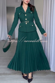 Solid Color Lapel Button Belt Blazer and Pleated Casual Maxi Skirt Set
