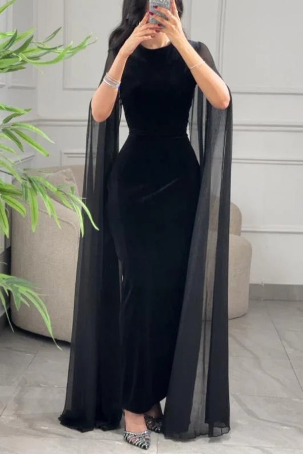 Solid Color Velvet Elegant Ribbon Long Sleeve Slim Maxi Dress