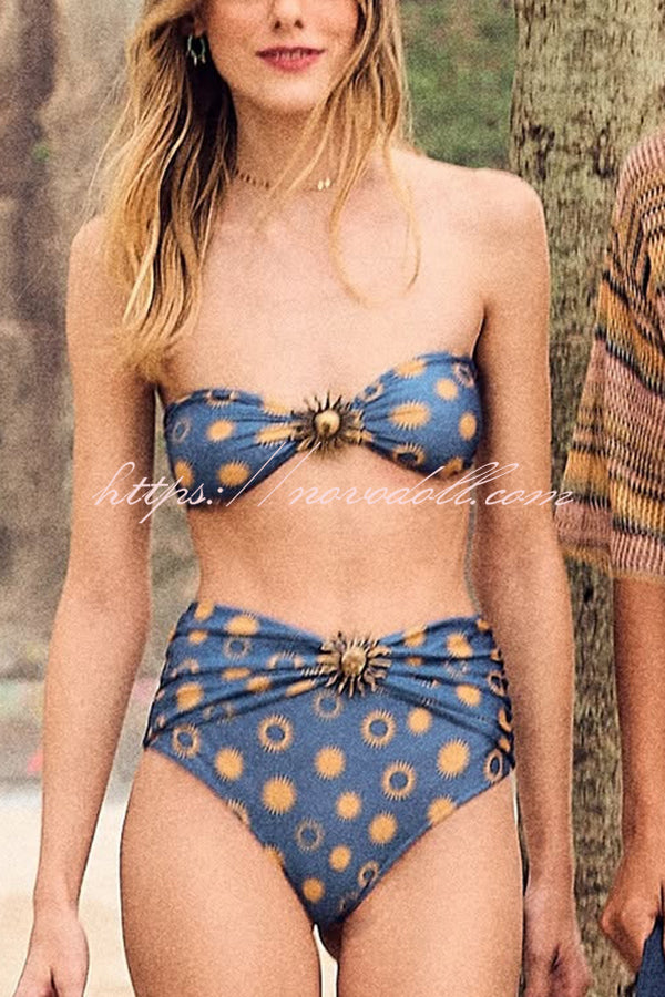 Sun Print Metal Embellishments Stretch Two-piece Bikini Swimsuit