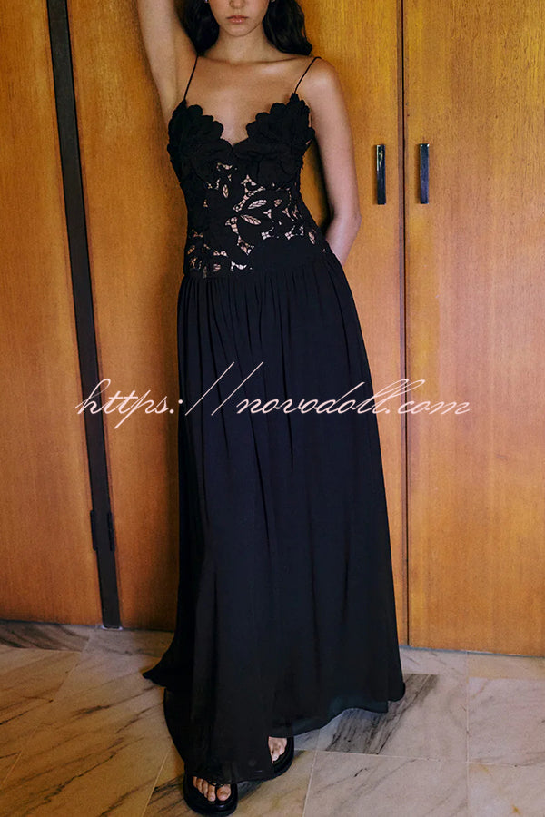 Stephanie Flower Crochet Lace Bust Chiffon Fluffy Hem Maxi Dress