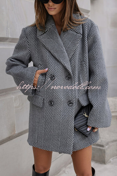 Fashion Stripe Print Lapel Pocket Coat