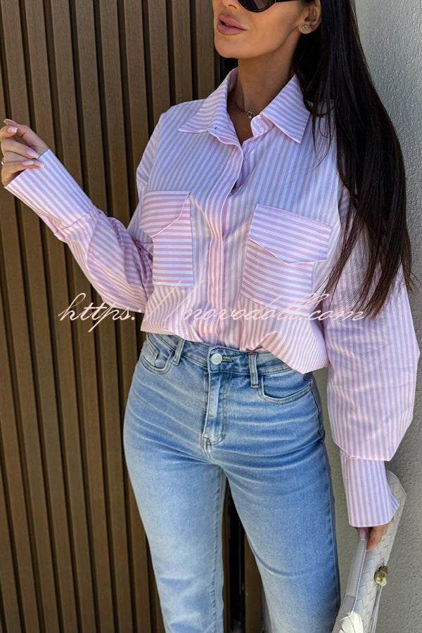 Stripe Print Lapel Long Sleeve Pocket Casual Shirt