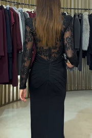 Fenna Sheer Floral Sequin Shoulder Pads Long Sleeve Drape Slit Maxi Dress