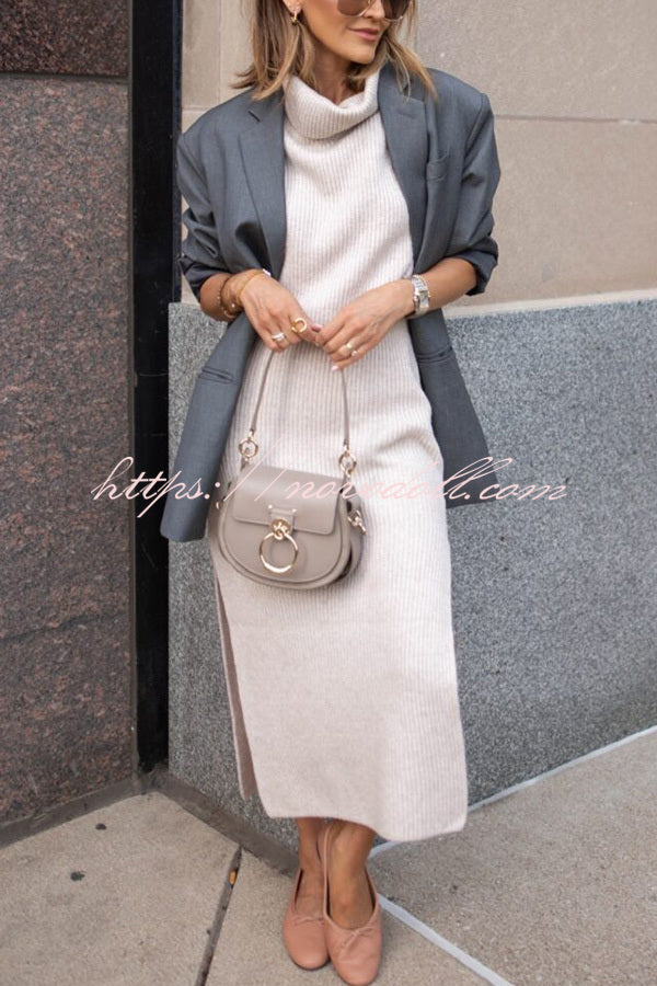 Book Club Knit Turtleneck Cap Sleeve Slit Sweater Midi Dress