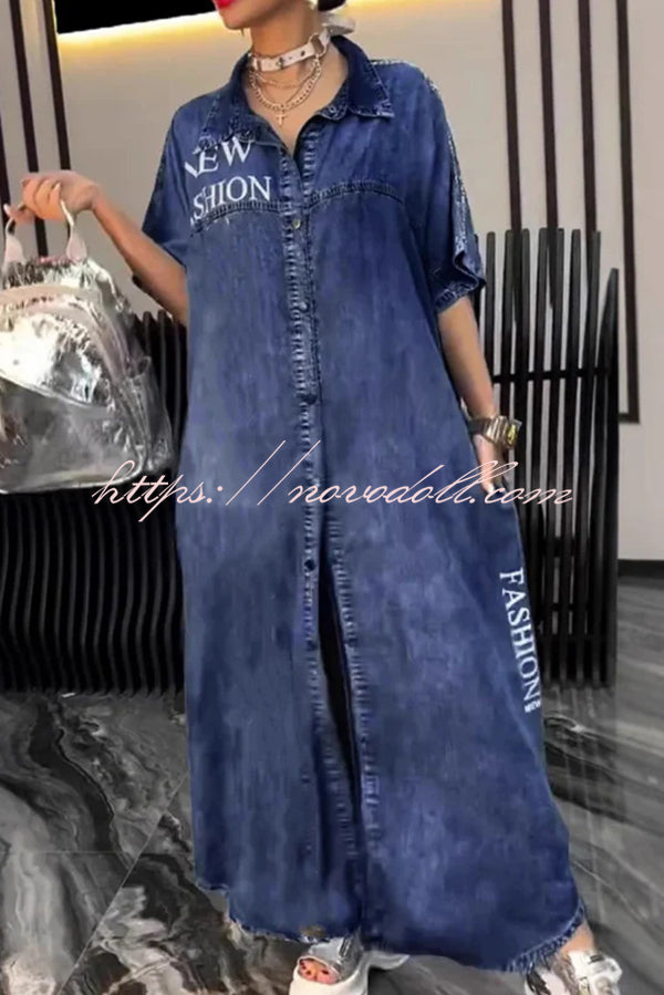 Fashion Letter Print Lapel Cardigan Loose Maxi Dress