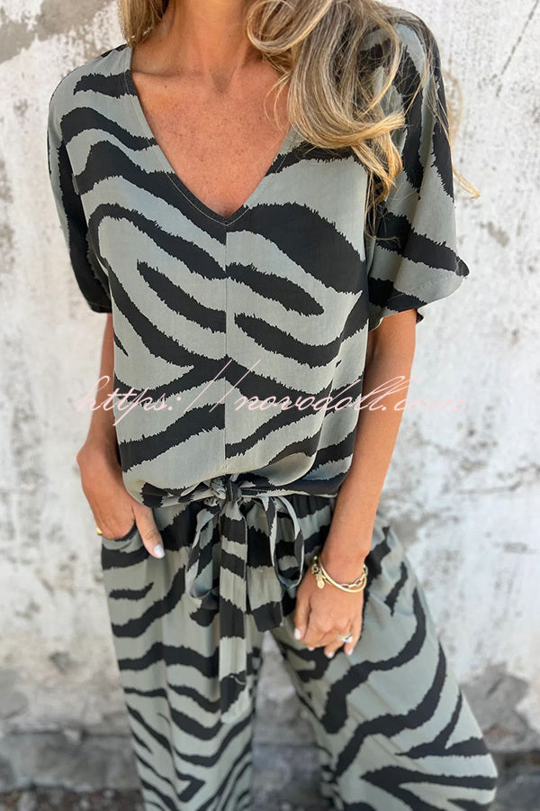 Zebra Print V-neck Short-sleeved Lace-up Top and Elastic Waist Pocket Straight-leg Pants Set