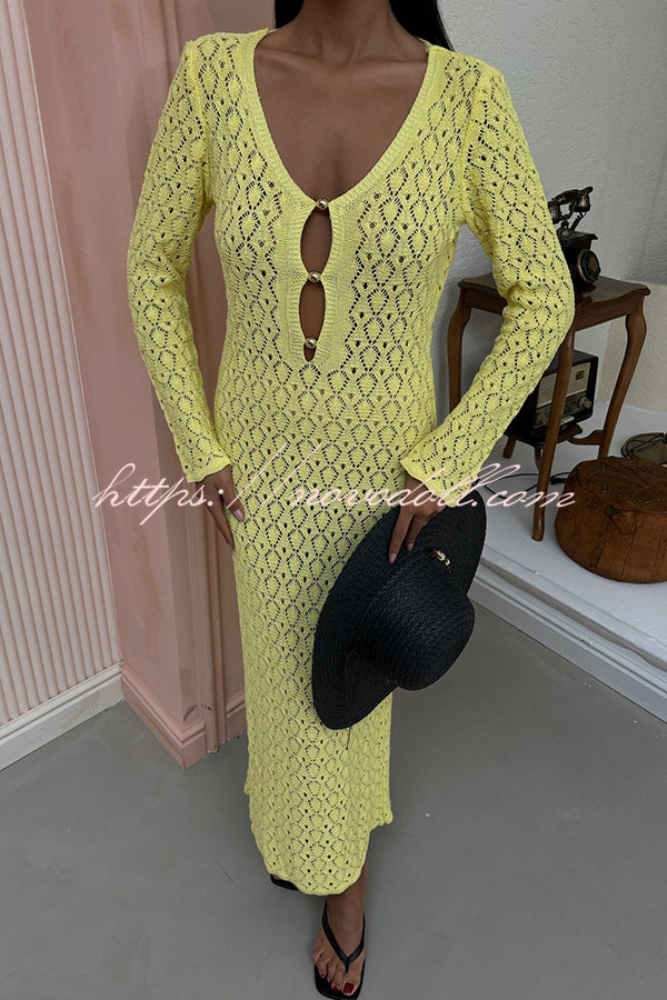 Fashion V-neck Long-sleeved Hollow Slim Maxi Dress