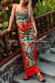 Ethnic Style Unique Print Tube Top and Elastic Waist Casual Pocket Wide Leg Pants Set