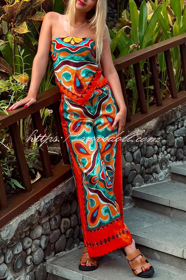 Ethnic Style Unique Print Tube Top and Elastic Waist Casual Pocket Wide Leg Pants Set