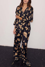 Golden Night Unique Print Color-block Trim Loose Shirt and Elastic Waist Pocketed Pajama Set