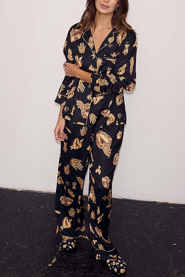 Golden Night Unique Print Color-block Trim Loose Shirt and Elastic Waist Pocketed Pajama Set