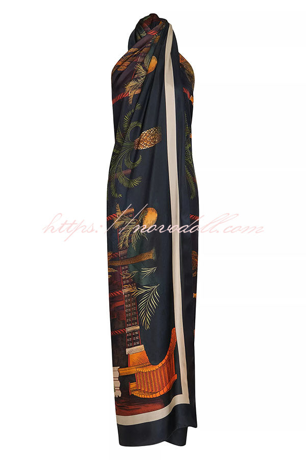 Jungle Elf Unique Print Halter Slit Midi Tank and Elastic Waist Wide Pants Set