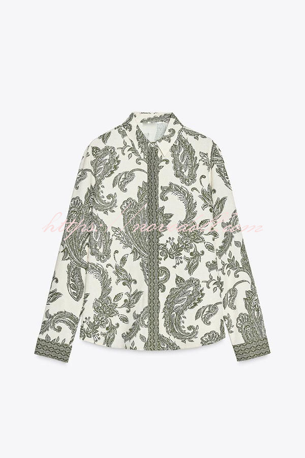 Blend Into Leaves Linen Blend Unique Print Long Sleeve Blouse and Wrap Tie-up Mini Skirt Set