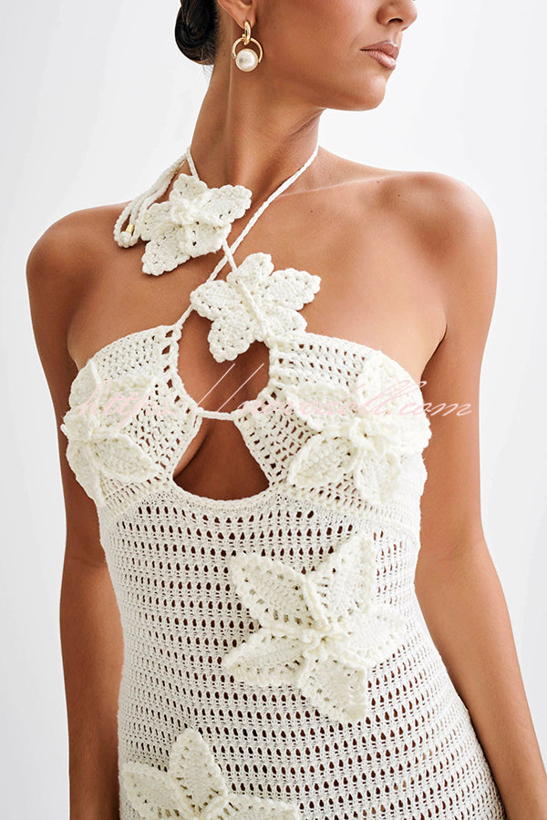 Call It Chic Knit Floral Crochet Halter Fishtail Hem Maxi Dress