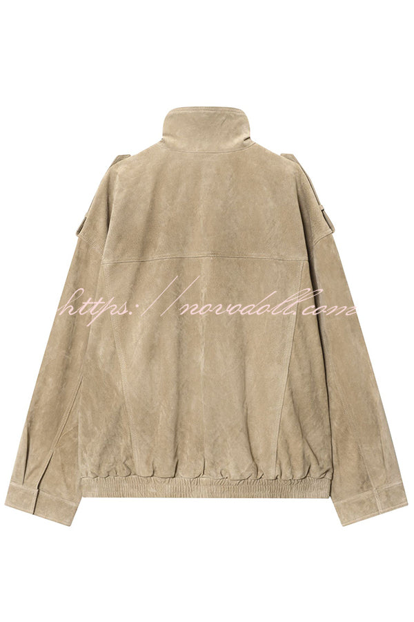 Fashionable Suede Loose Pocket Leather Jacket