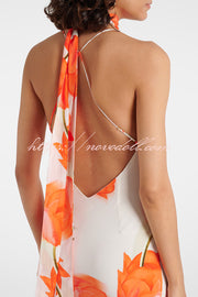 Charming Tulip Print Backless Crisscross Straps Flare Scarf Maxi Dress