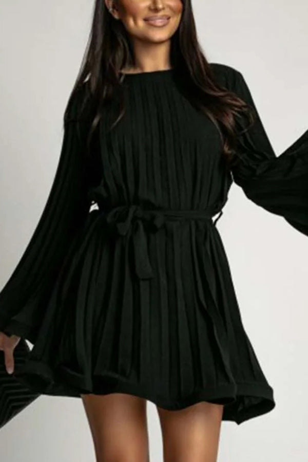 Fashion Bell Sleeve Loose Waist Tie Pleated Mini Dress