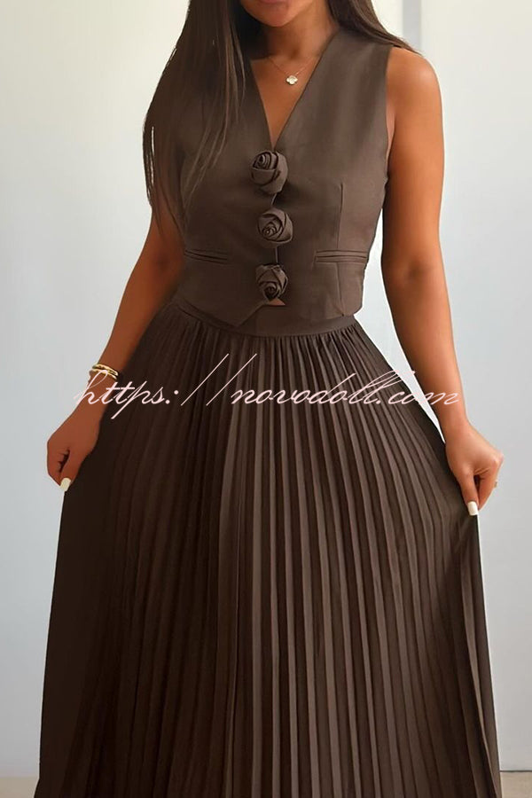 Stylish Rosette Sleeveless Tank Top and Pleated Maxi Skirt Set