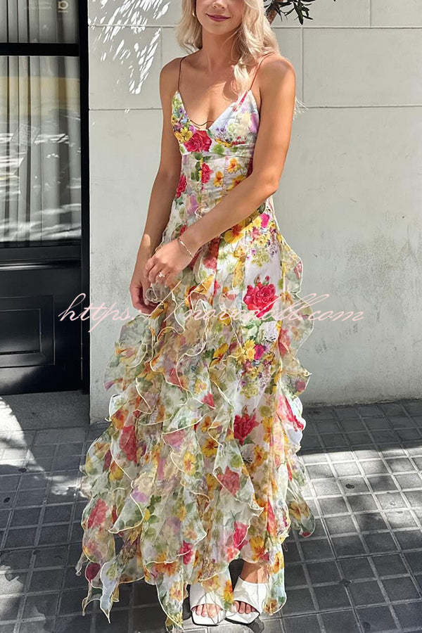 Sunrise Goddess Chiffon Roses Print Ruffles Tiered Trim Maxi Dress