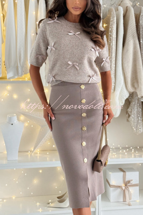Light The Night Knit Satin Bow Detail Short Puff Sleeve Sweater