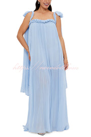 Fairy Spirit Tulle Braided Neckline Tie Arm Straps Pleated Maxi Dress