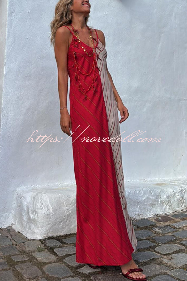 Fashionable Splicing V-neck Suspenders Loose Maxi Dress