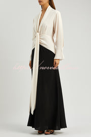 Fashion Contrast Color V-neck Tie High Waist Drape Maxi Dress