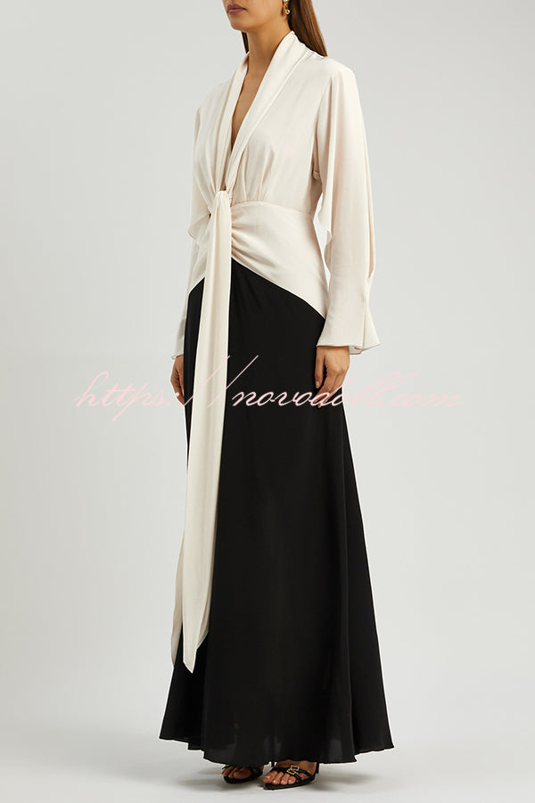 Fashion Contrast Color V-neck Tie High Waist Drape Maxi Dress