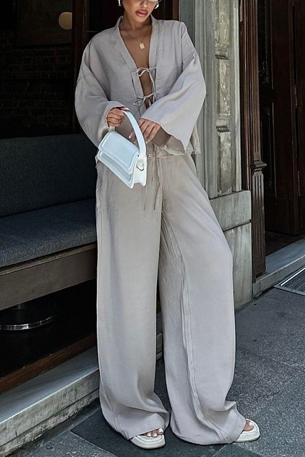 Stylish Loose Tie Shirt and Elastic Waist Wide-leg Pants Set