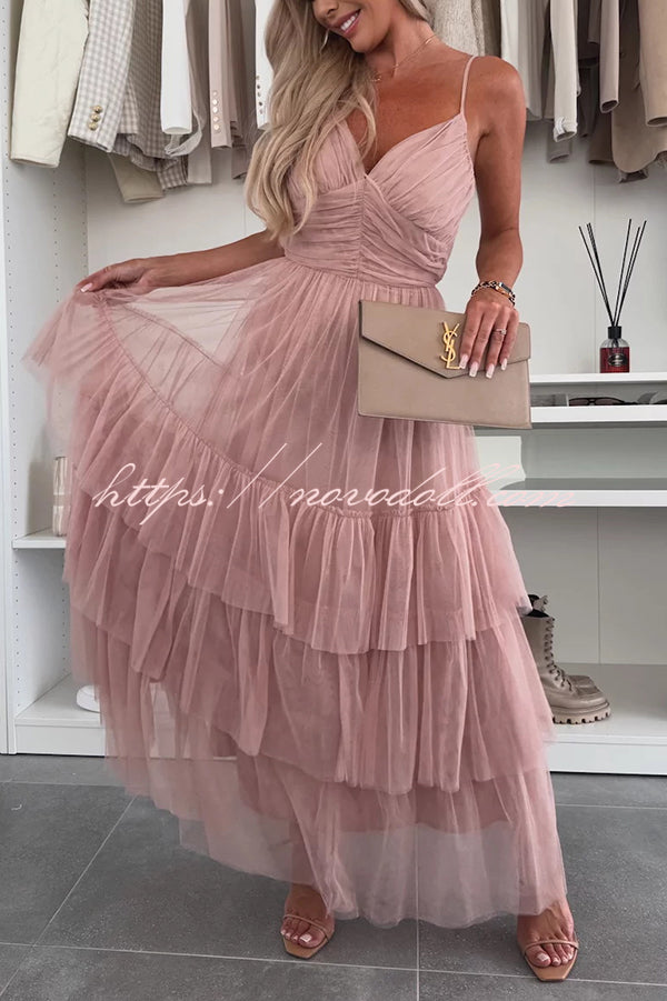 Romantic Movie Tulle Ruched Tiered Hem Slip Maxi Dress