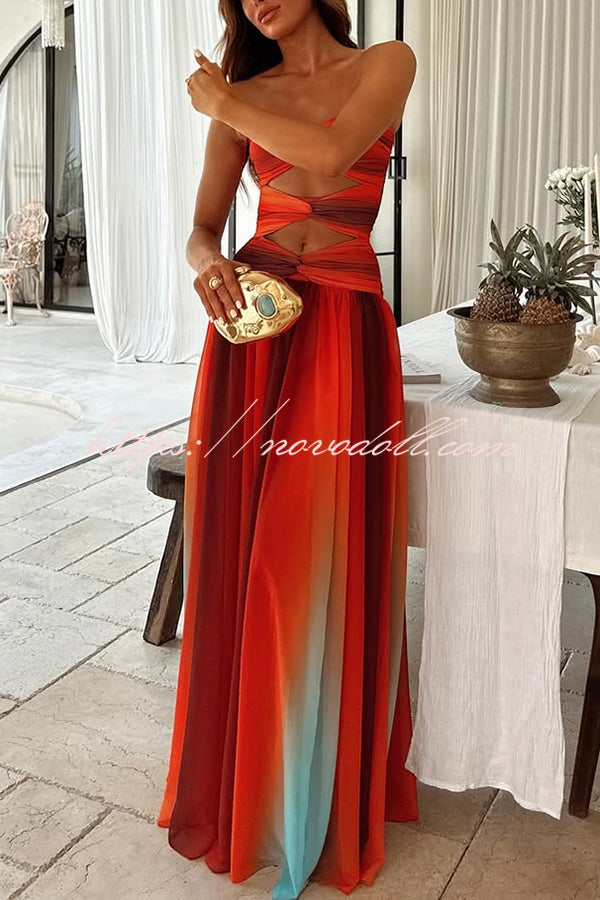 Sardinia Sunset Mesh Printed Twist Cutout Off Shoulder Vacation Maxi Dress