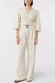 Lets Go Out Linen Blend Balloon Sleeve Wrap Tie-up Loose Top
