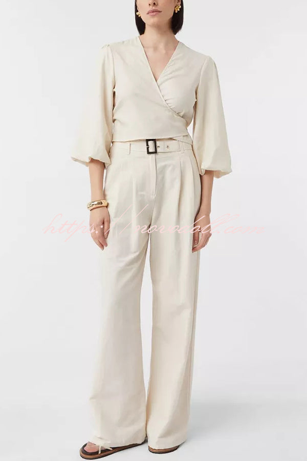 Lets Go Out Linen Blend Balloon Sleeve Wrap Tie-up Loose Top