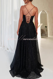 Cinderella Glitter Tulle Fabric Cowl Neck Back Lace-up Pocketed Slit Maxi Dress