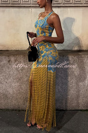 Unique Print Sleeveless Fitted Fringed Hem Maxi Dress