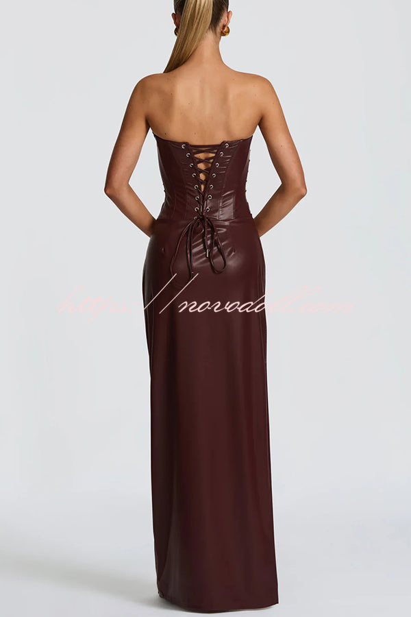 Alba Faux Leather Pleated Off Shoulder Neck Slit Stretch Maxi Dress