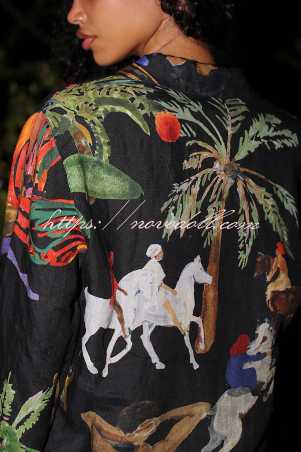 Unique Print Lapel Long Sleeve Loose Shirt and Elastic Waist Pocket Wide Leg Pants Set