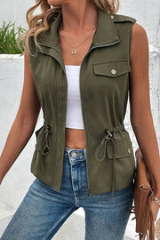 Fashionable Casual Zipper Drawstring Pocket Sleeveless Vest Jacket