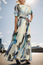 Unique Printed Bohemian Short-sleeved One-shoulder Maxi Dress